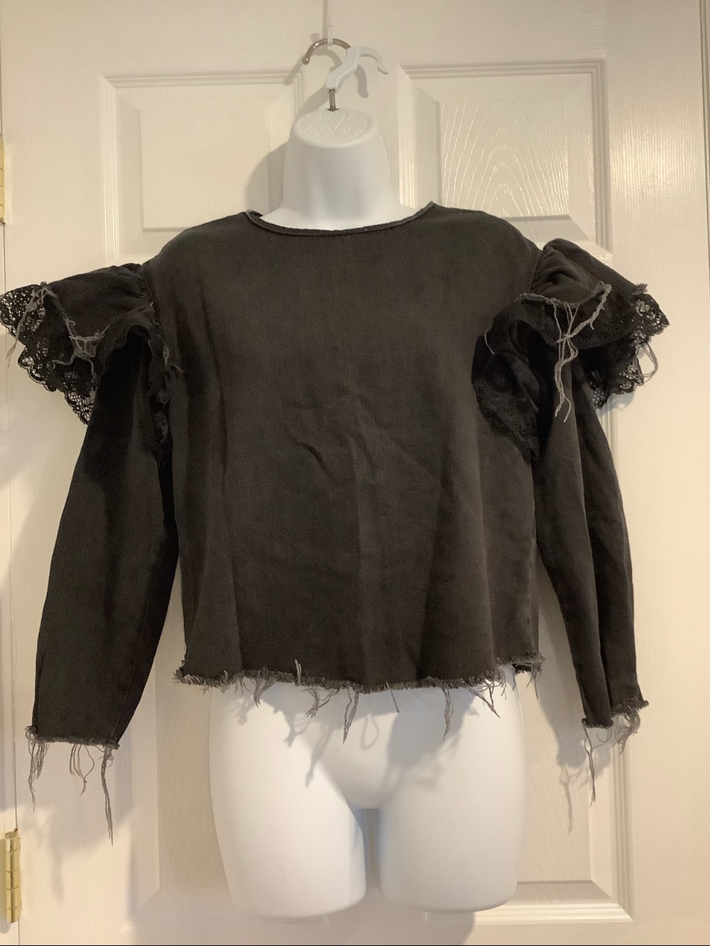 ZARA TRAFALUC DENIMWEAR Black Lace Frayed Edgy Whimsigoth Witchy Moody Top XS